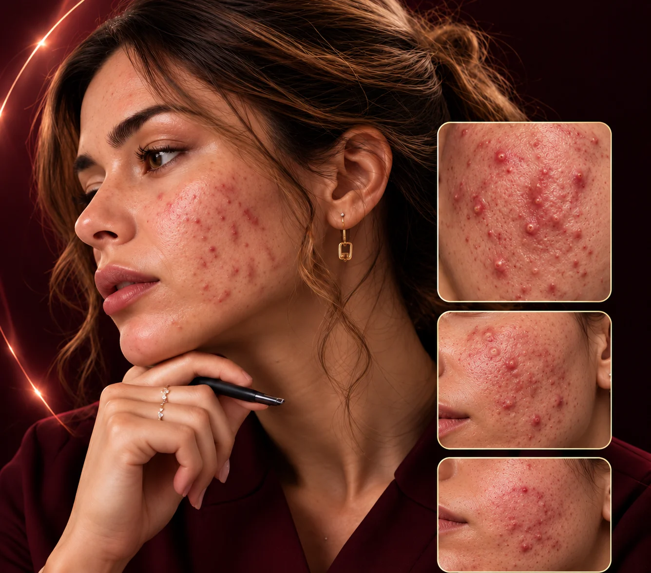 Mujer adulta con acné visible y textura natural de la piel