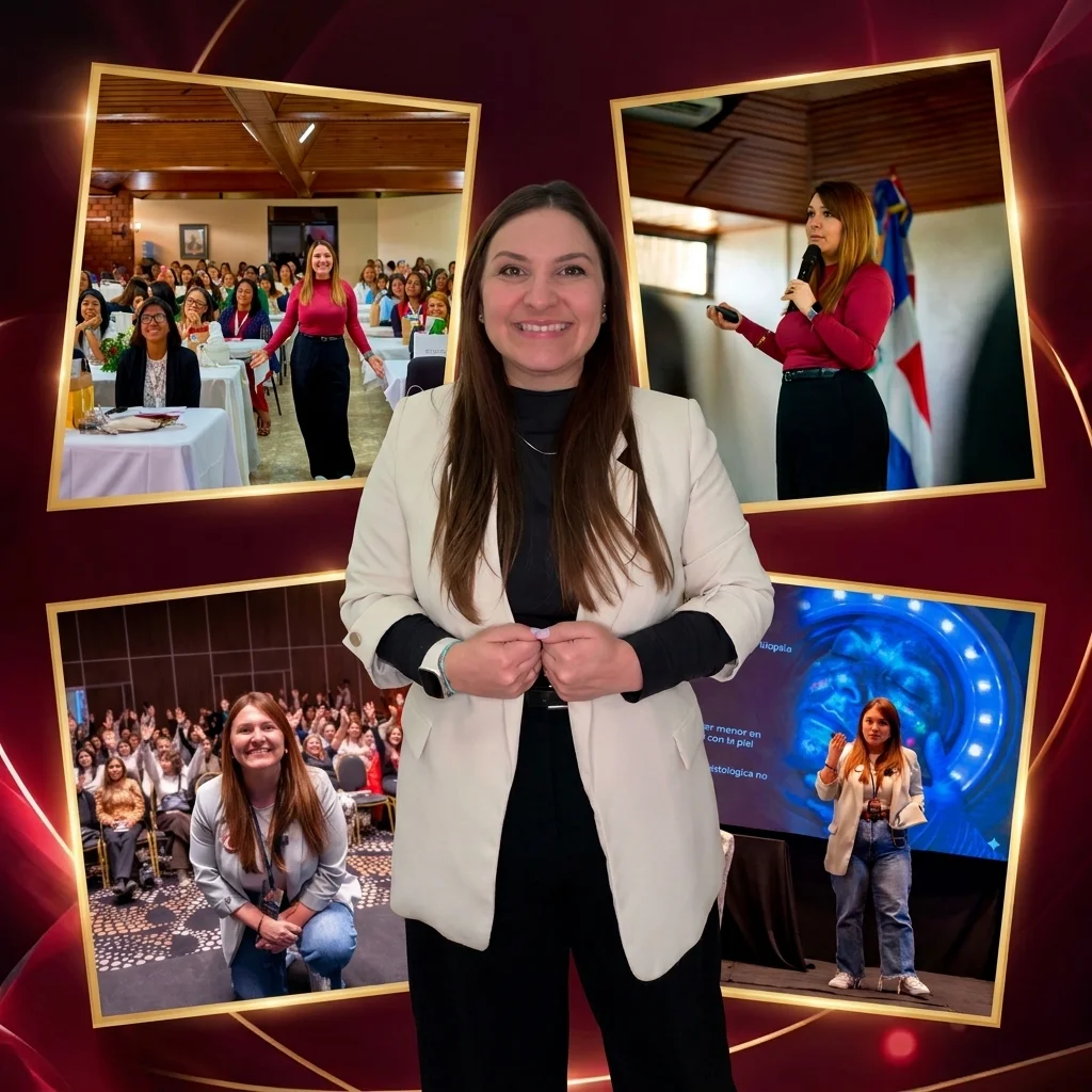 Dianela Draganov y cuatro fotografías de sus formaciones y presentaciones profesionales
